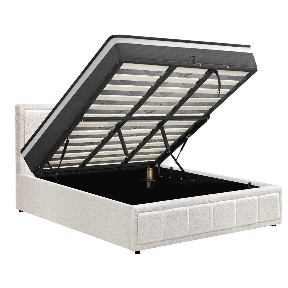 King Size Bed Frame with Gas Lift Mattress Set in White for Bedroom Use