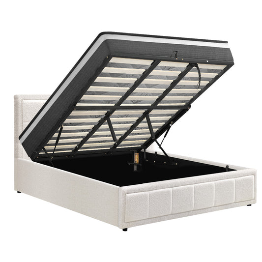 King Size Bed Frame with Gas Lift Mattress Set in White for Bedroom Use