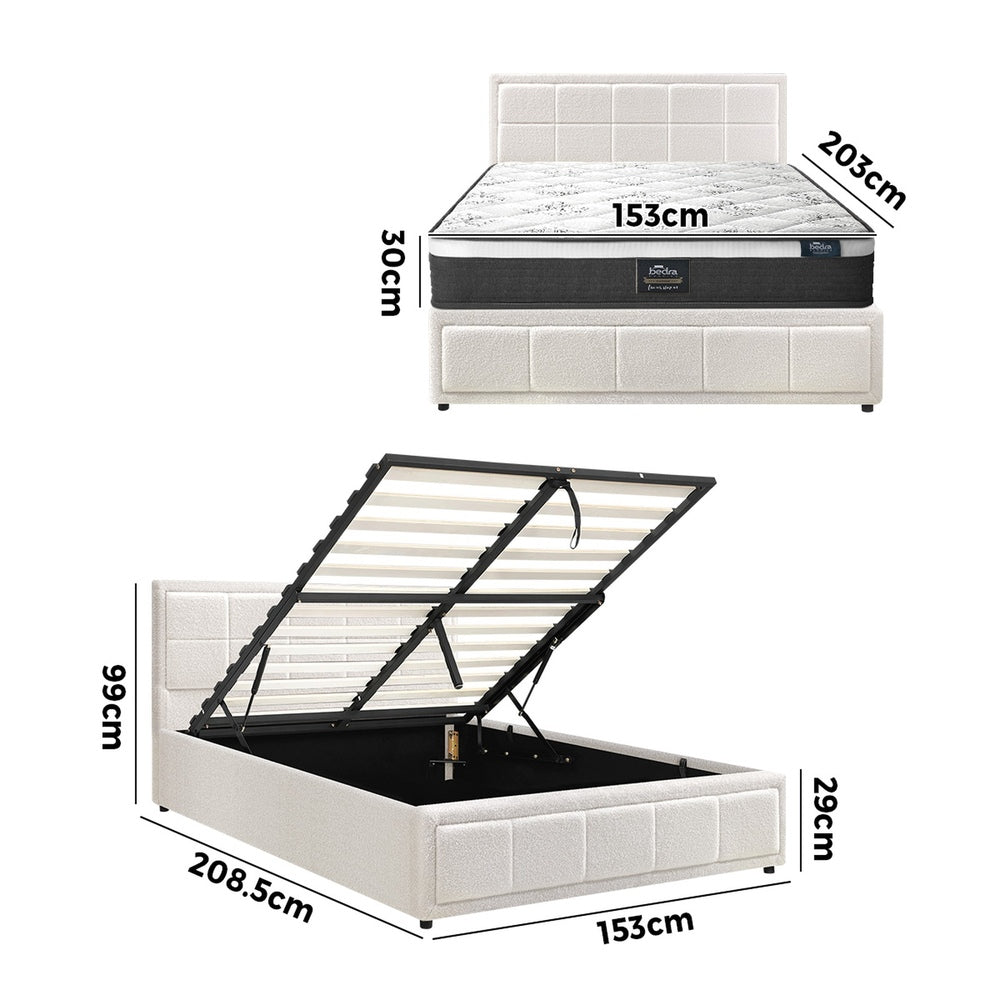 Bed Frame With Mattress Set Queen Size Gas Lift White BOSS
