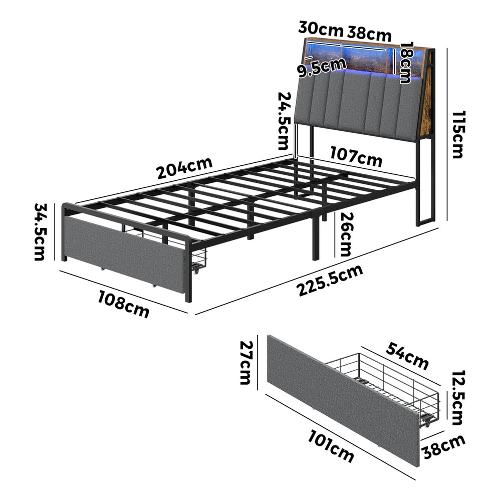 King Single Bed Frame Storage 225.5x153.5x115cm