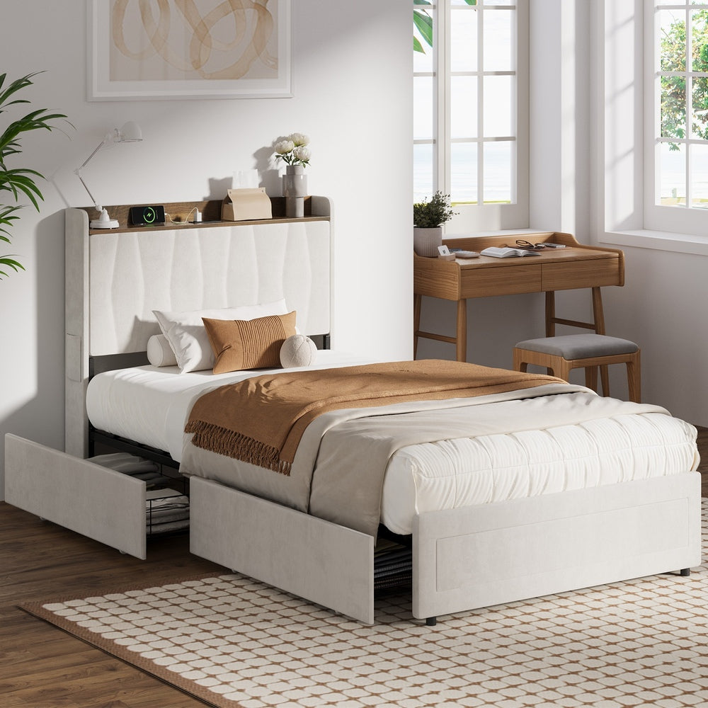 King Single Bed Frame 4 Drawers Charging Station | HomeAndLiving