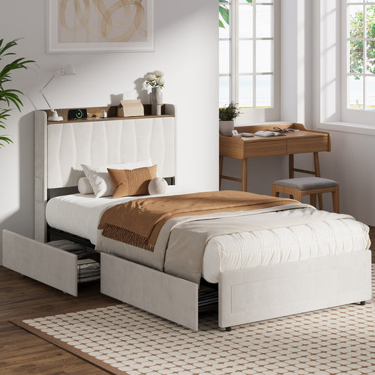 King Single Bed Frame 4 Drawers Charging Station | HomeAndLiving
