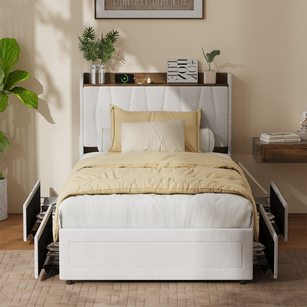 King Single Bed Frame 4 Drawers Charging Station | HomeAndLiving