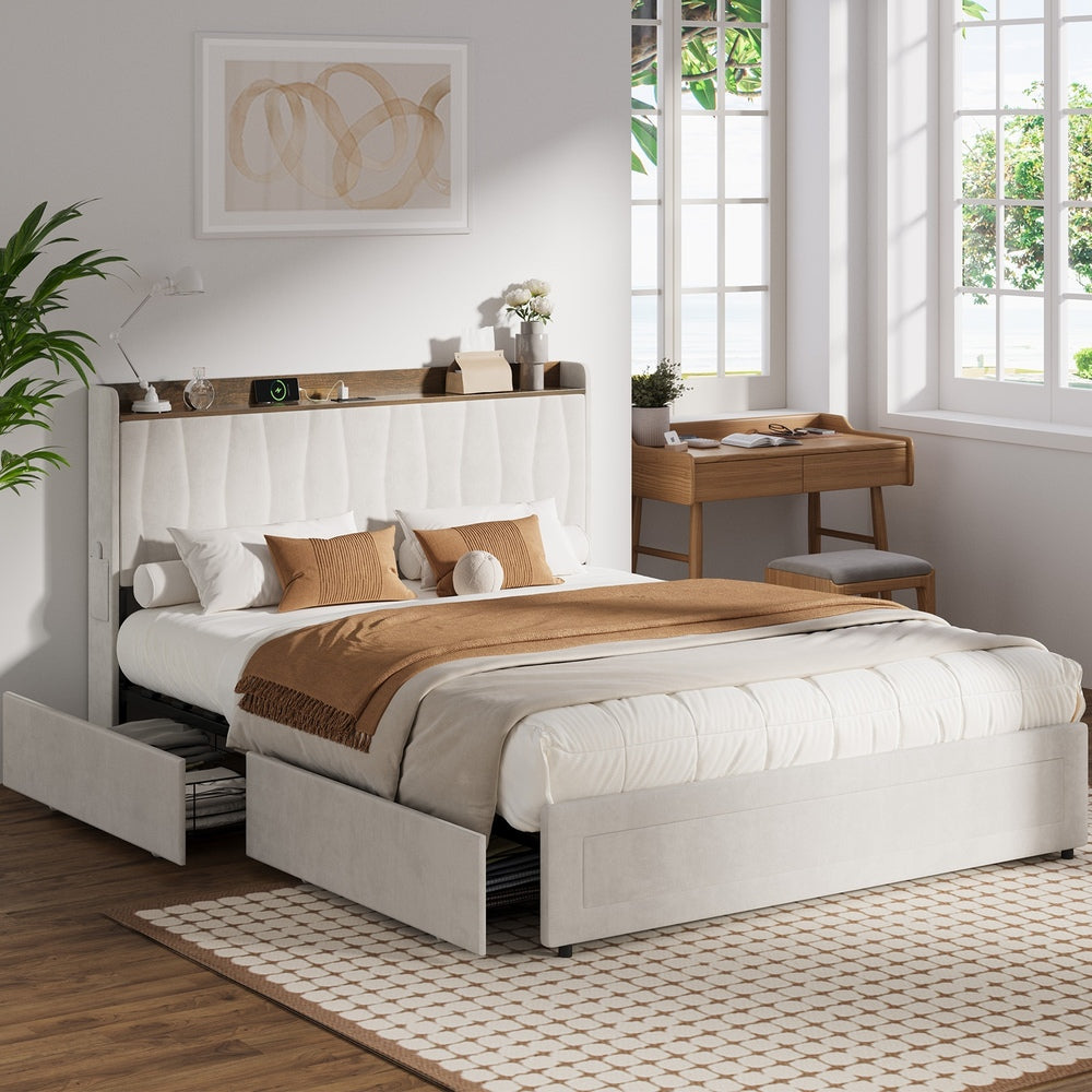 Queen Bed Frame Storage Drawers Charging Station | HomeAndLiving