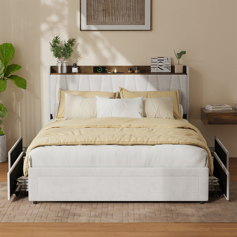 Queen Bed Frame Storage Drawers Charging Station | HomeAndLiving
