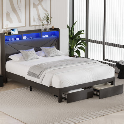Double Bed Frame LED Headboard With USB Charging & Drawers - 6