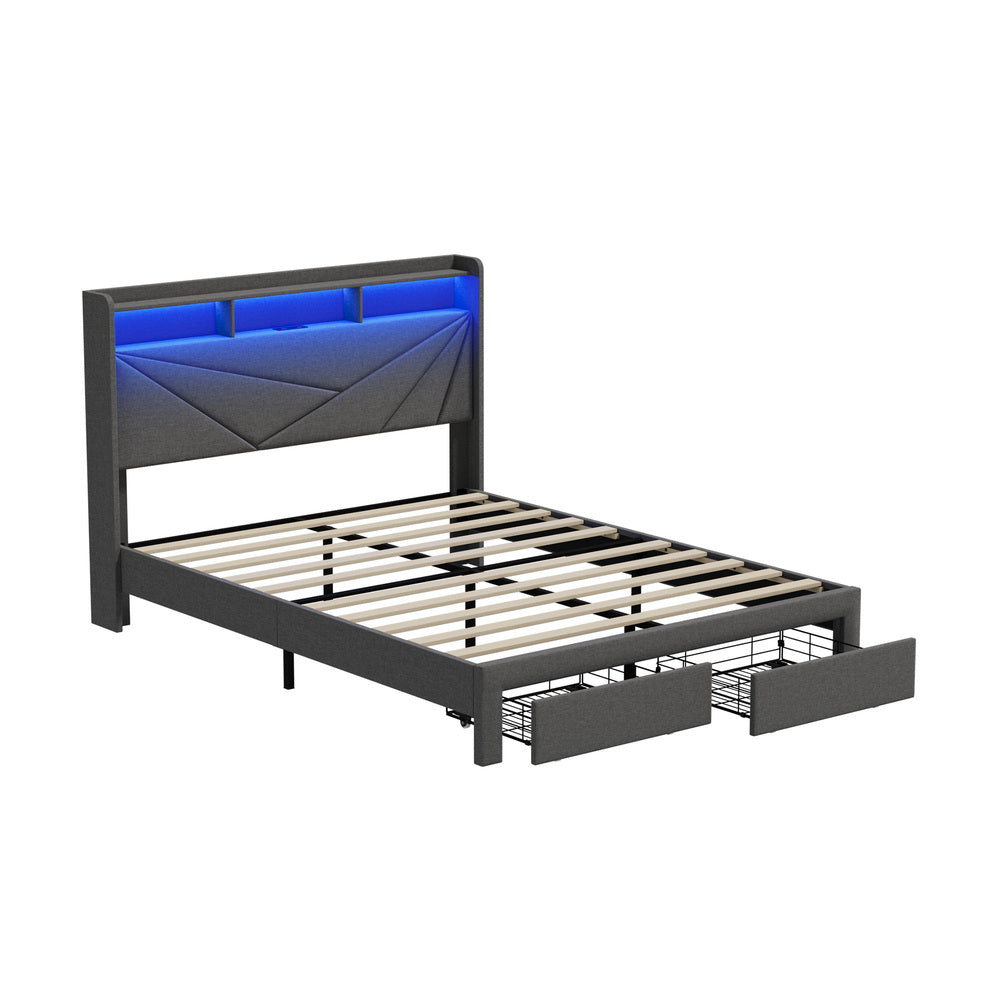 Double Bed Frame LED Headboard With USB Charging & Drawers - 2