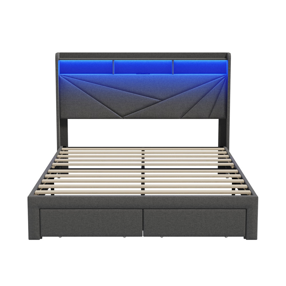 Double Bed Frame LED Headboard With USB Charging & Drawers - 10