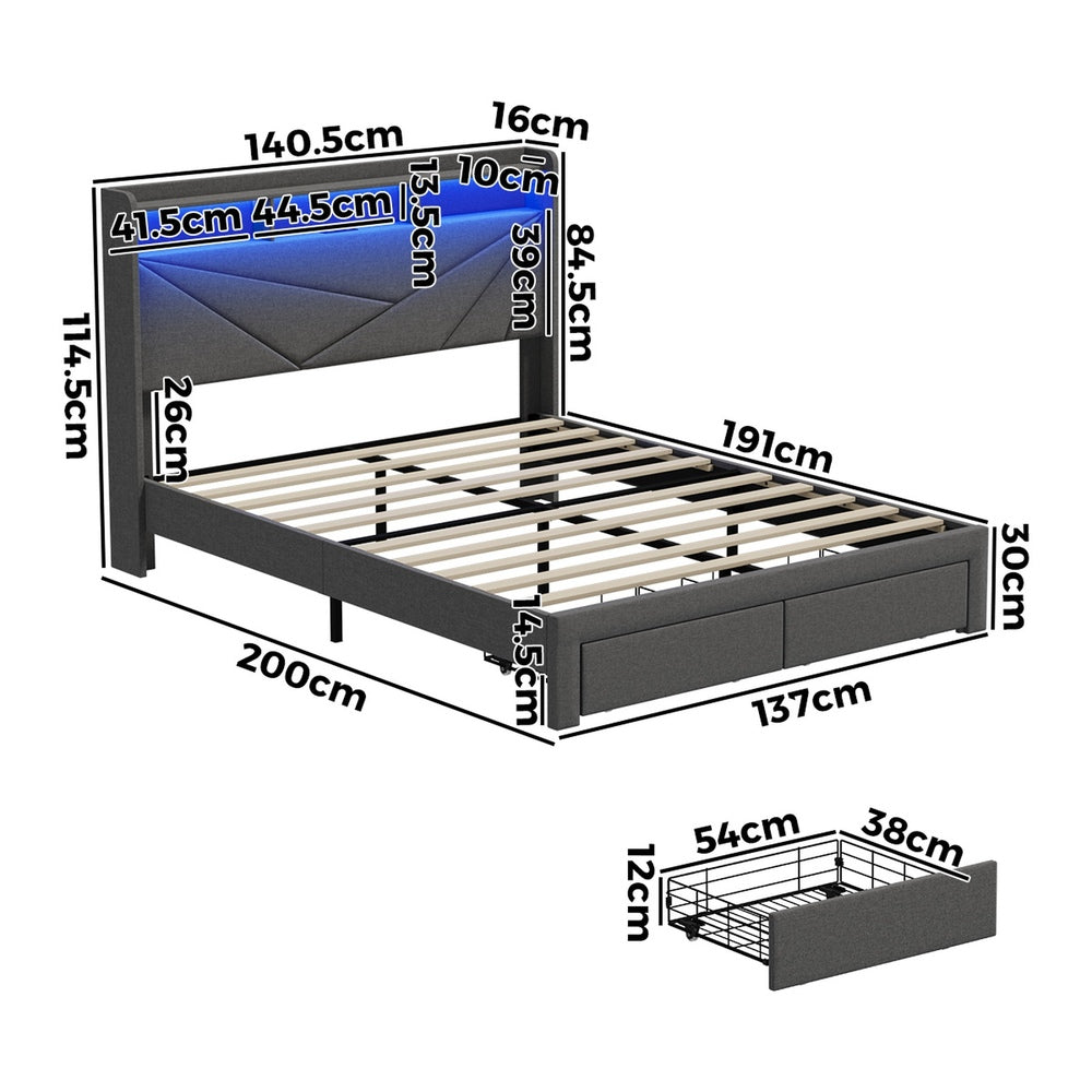Double Bed Frame LED Headboard With USB Charging & Drawers - 9