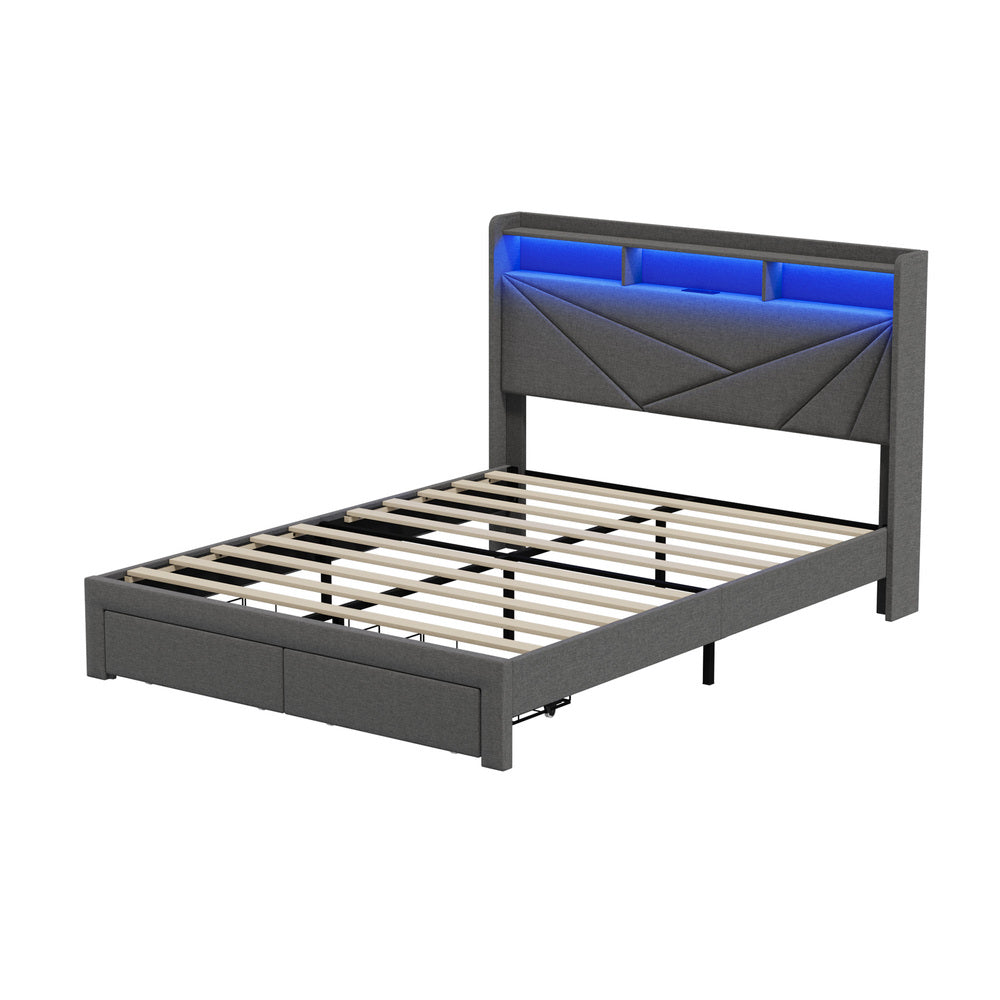 Double Bed Frame LED Headboard With USB Charging & Drawers - 3