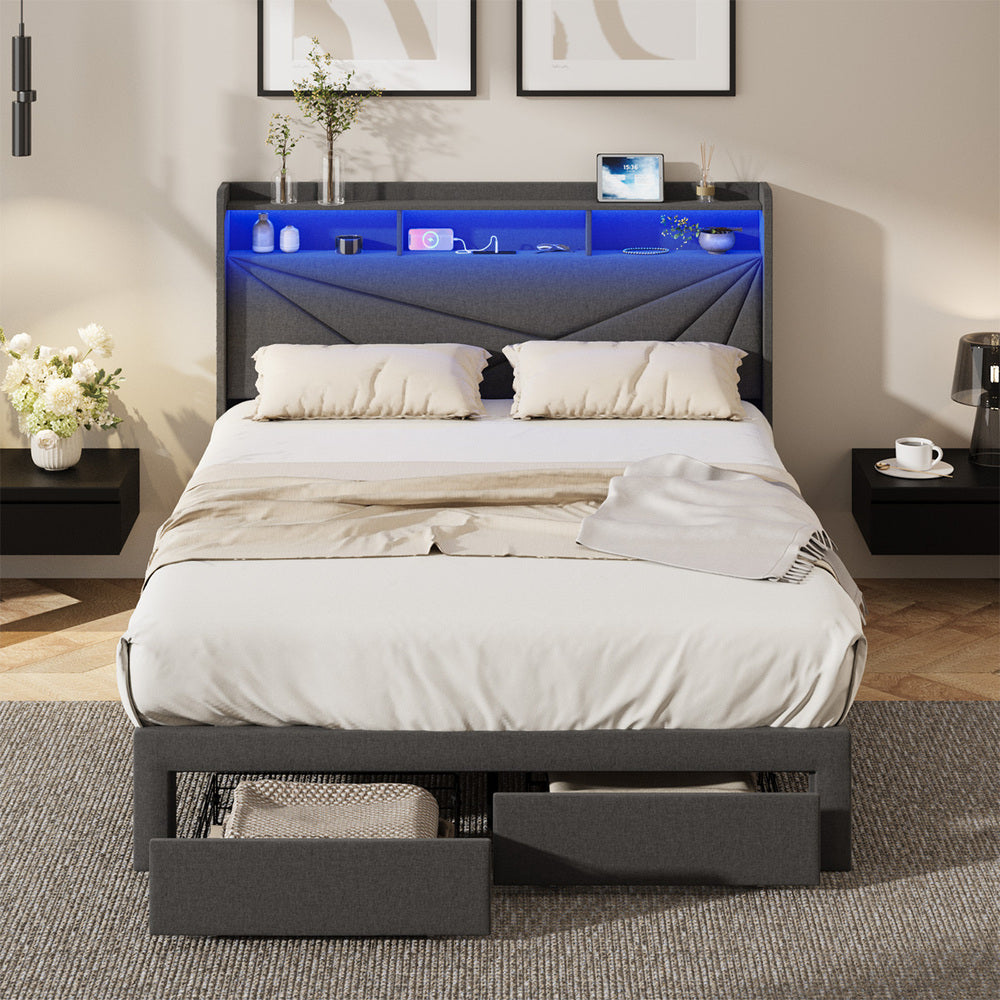 Double Bed Frame LED Headboard With USB Charging & Drawers - 7