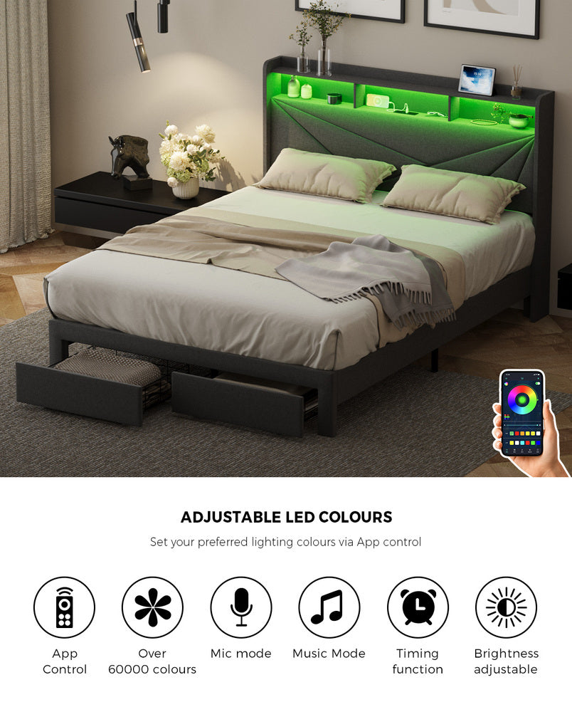 Double Bed Frame LED Headboard With USB Charging & Drawers - 5