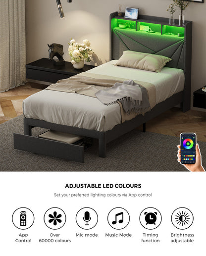 Bed Frame King Single Headboard With USB Charging & Drawers - 8
