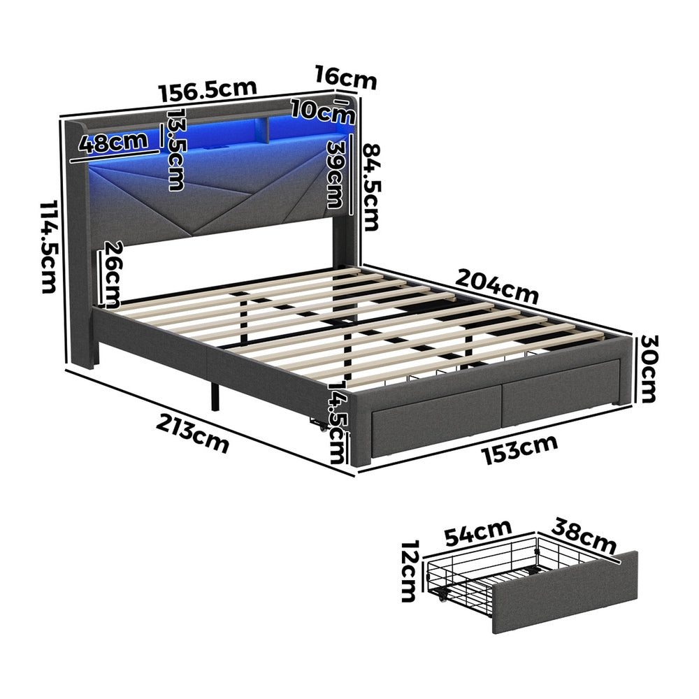 Queen Bed Frame LED Storge Headboard With Charging & Drawers - 4