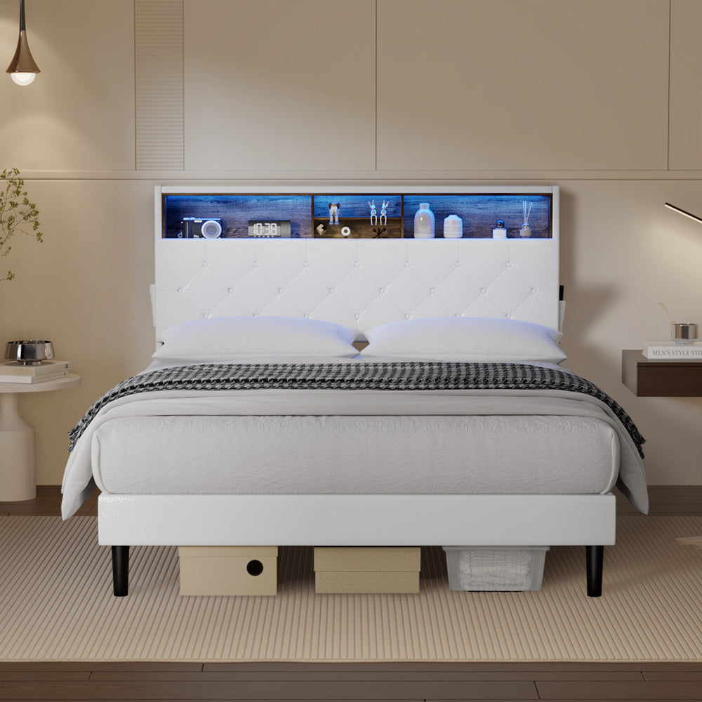 Bed Frame Double Size with LED Storage Bedhead White