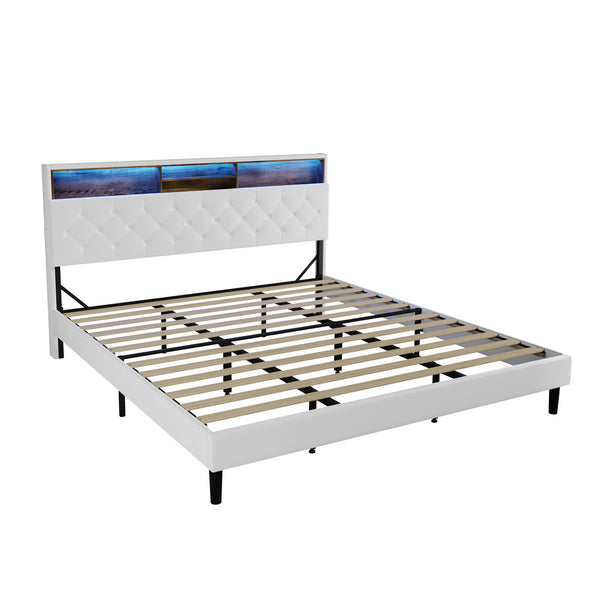  Bed Frame King Size with LED Storage Bedhead White