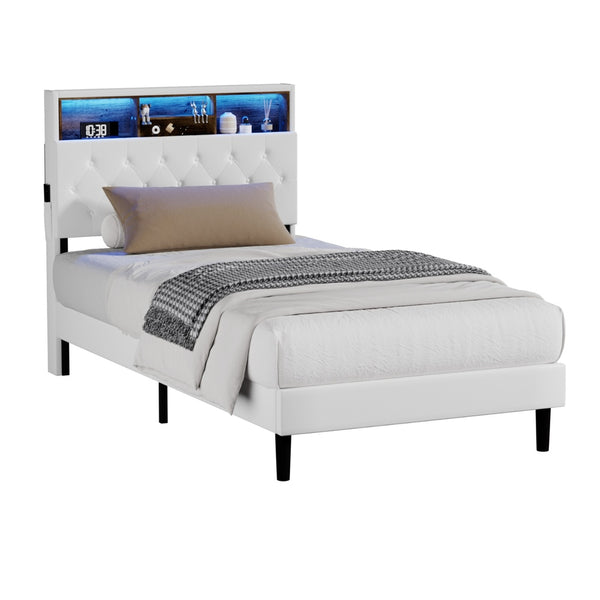  Bed Frame King Single Size with LED Storage Bedhead White