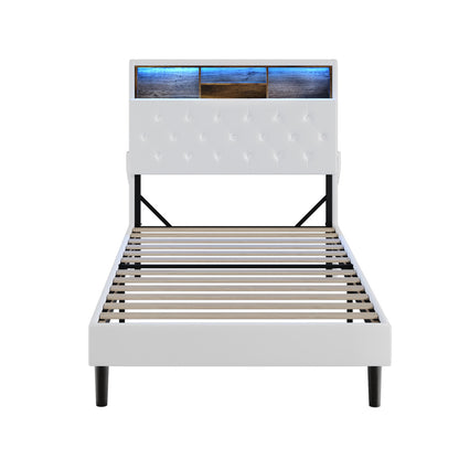 Bed Frame King Single Size with LED Storage Bedhead White