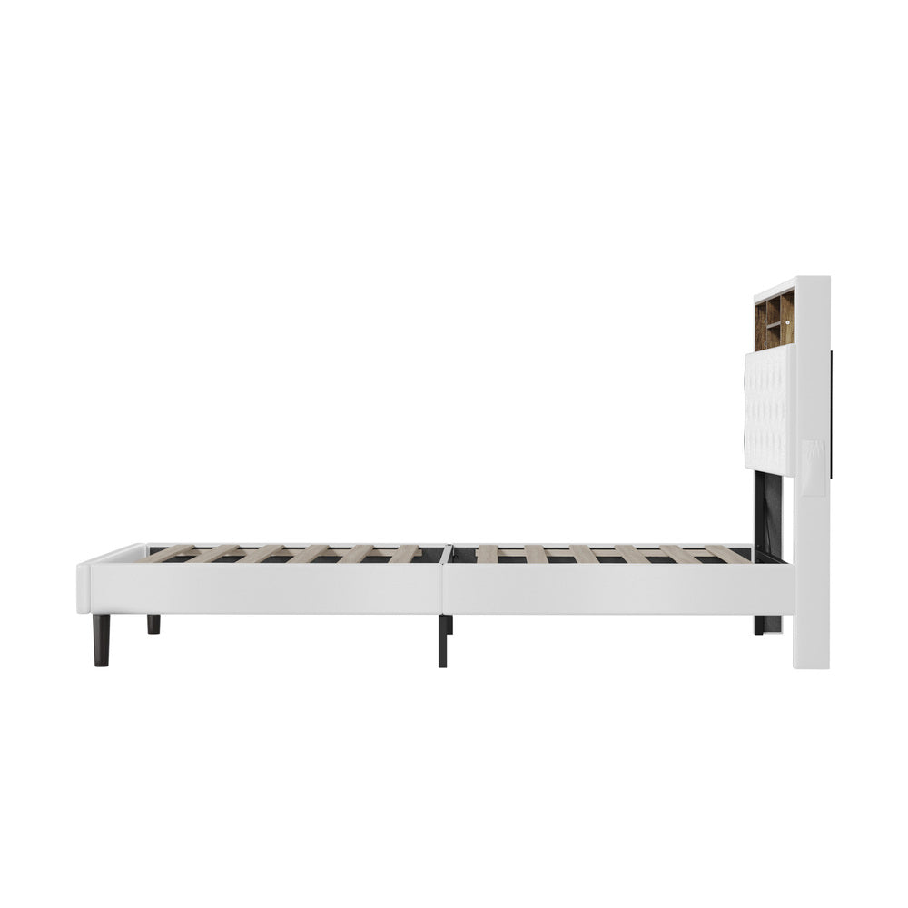 Bed Frame King Single Size with LED Storage Bedhead White