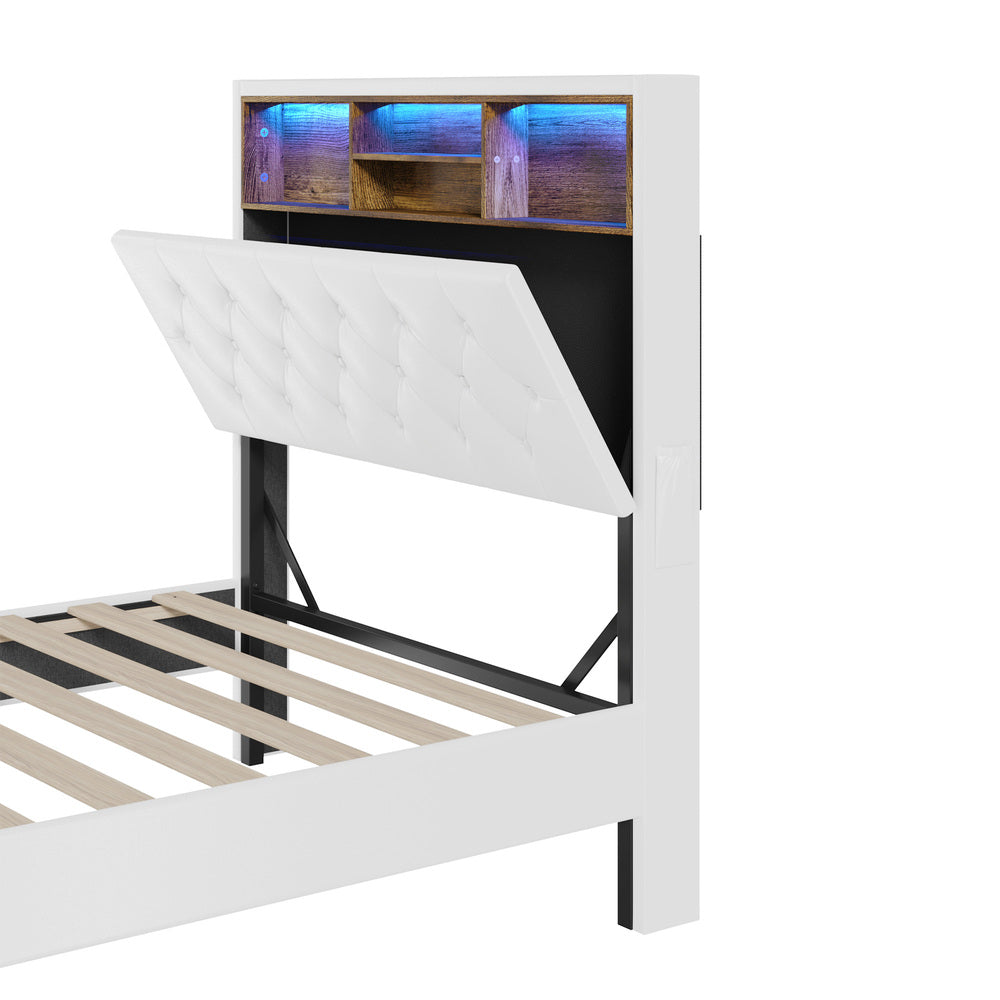 Bed Frame King Single Size with LED Storage Bedhead White