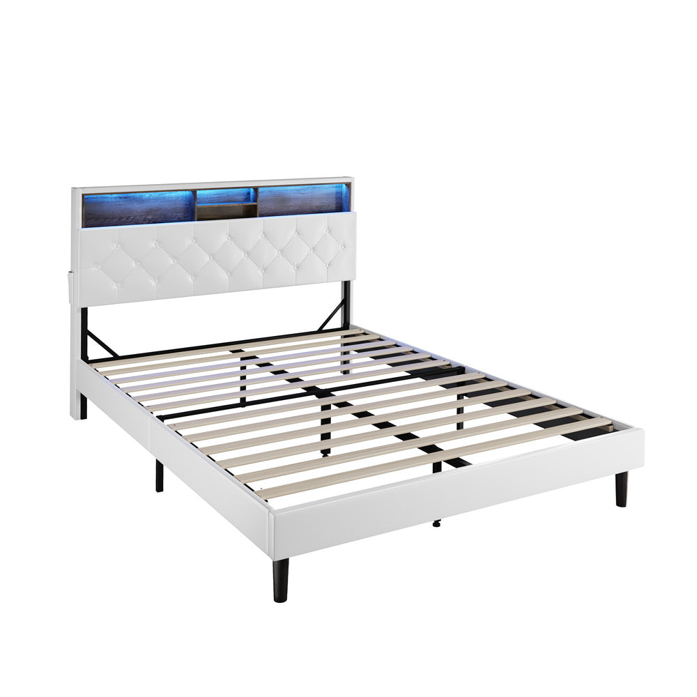 Queen Size Bed Frame with LED Storage Bedhead in White for Modern Bedroom