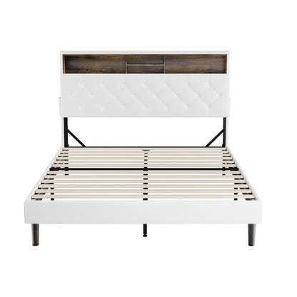 Queen Size Bed Frame with LED Storage Bedhead in White for Modern Bedroom