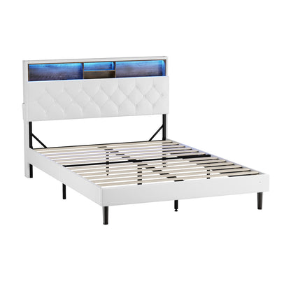 Queen Size Bed Frame with LED Storage Bedhead in White for Modern Bedroom