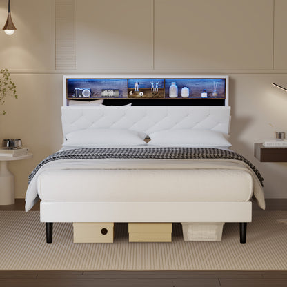 Queen Size Bed Frame with LED Storage Bedhead in White for Modern Bedroom