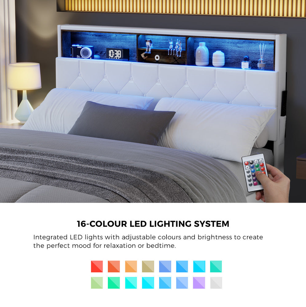 Queen Size Bed Frame with LED Storage Bedhead in White for Modern Bedroom