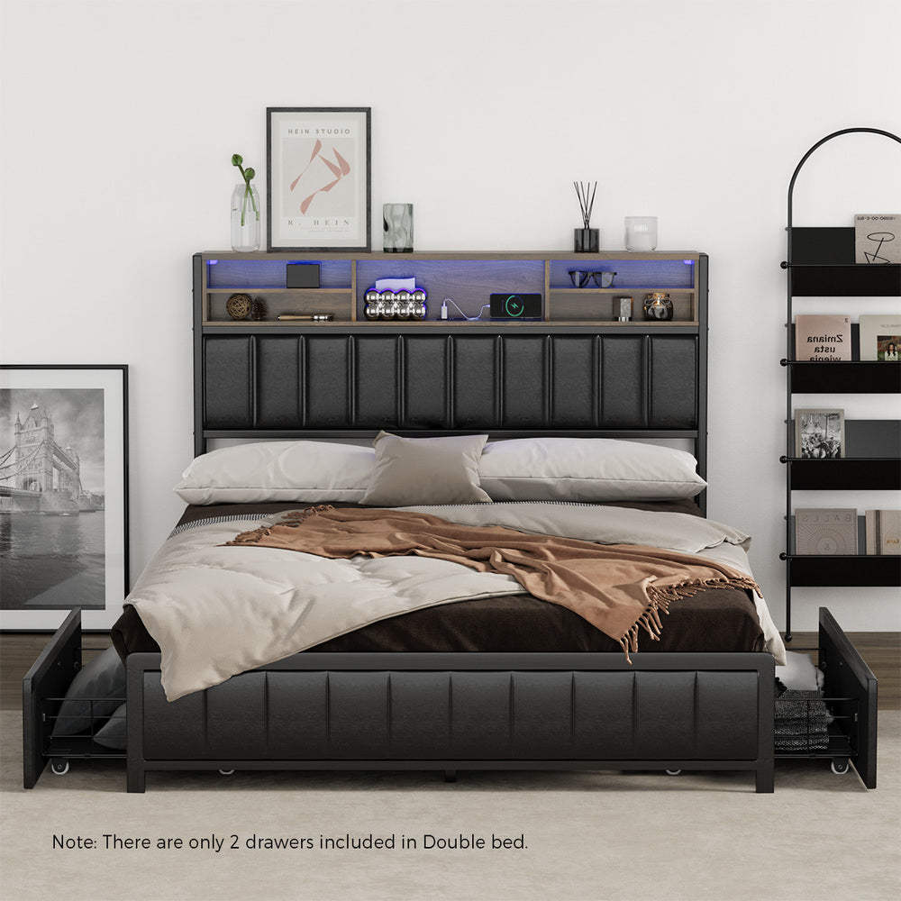 LED Storage Bed Frame Double  Size with USB?Charge Headboard