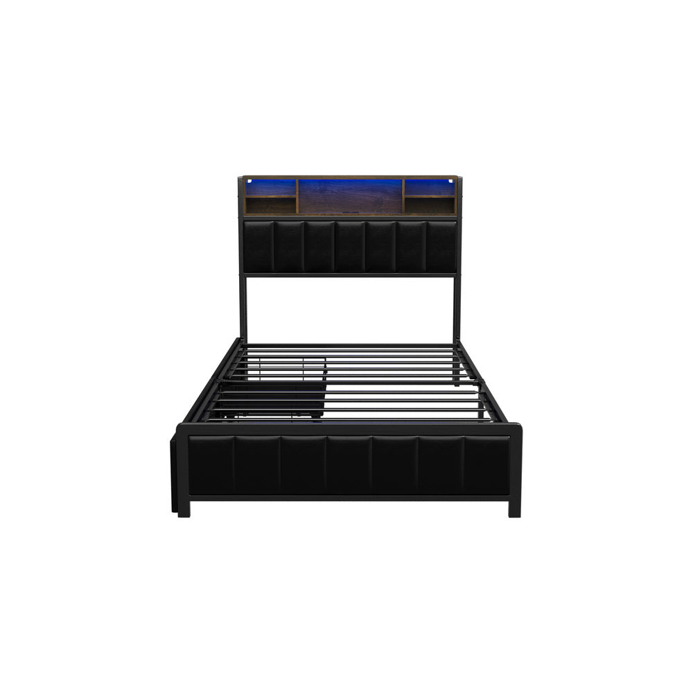 King  Single Size Storage Bed Frame with LED Lights-USB Charging