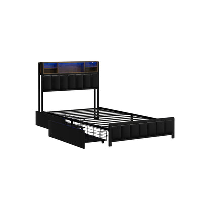 King  Single Size Storage Bed Frame with LED Lights-USB Charging