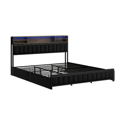 LED King Bed Frame with 4?Drawer Storage & USB?Charge Headboard