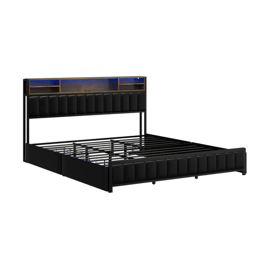 LED King Bed Frame with 4?Drawer Storage & USB?Charge Headboard