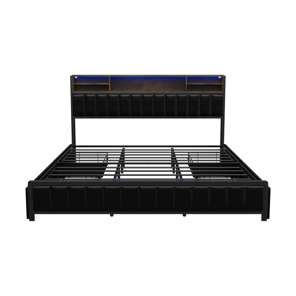 LED King Bed Frame with 4?Drawer Storage & USB?Charge Headboard