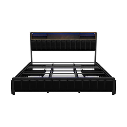 LED King Bed Frame with 4?Drawer Storage & USB?Charge Headboard