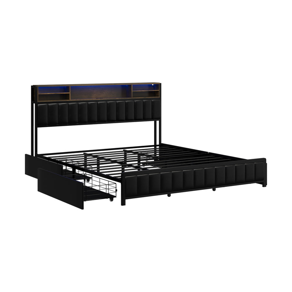 LED King Bed Frame with 4?Drawer Storage & USB?Charge Headboard
