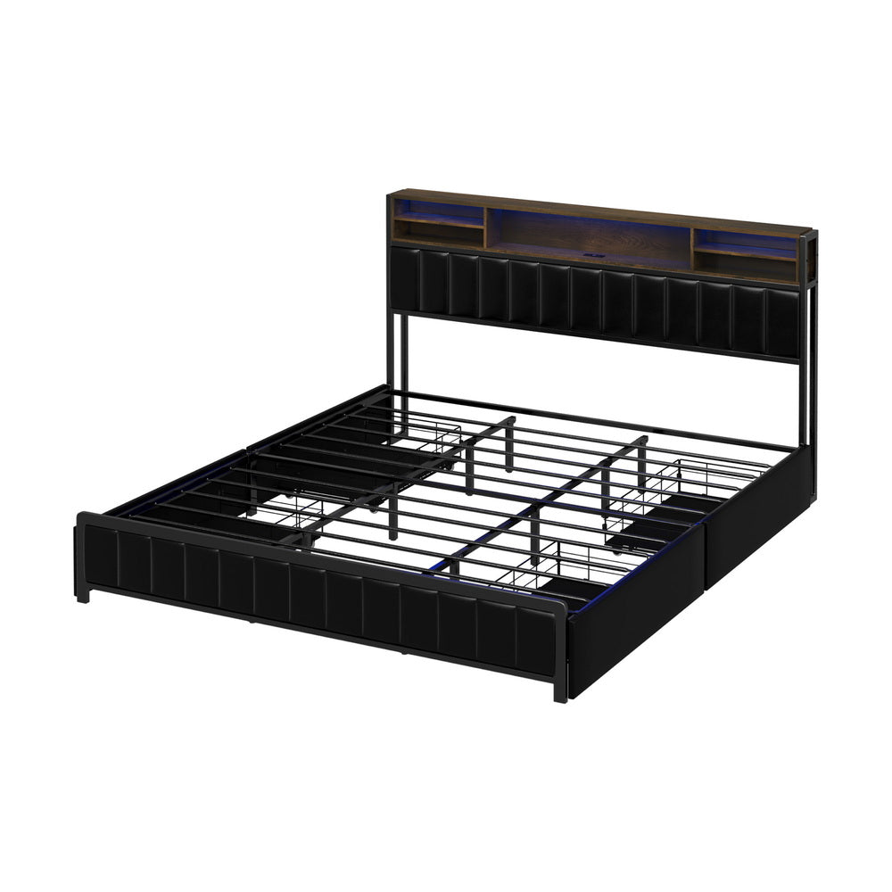 LED King Bed Frame with 4?Drawer Storage & USB?Charge Headboard