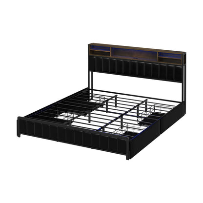 LED King Bed Frame with 4?Drawer Storage & USB?Charge Headboard