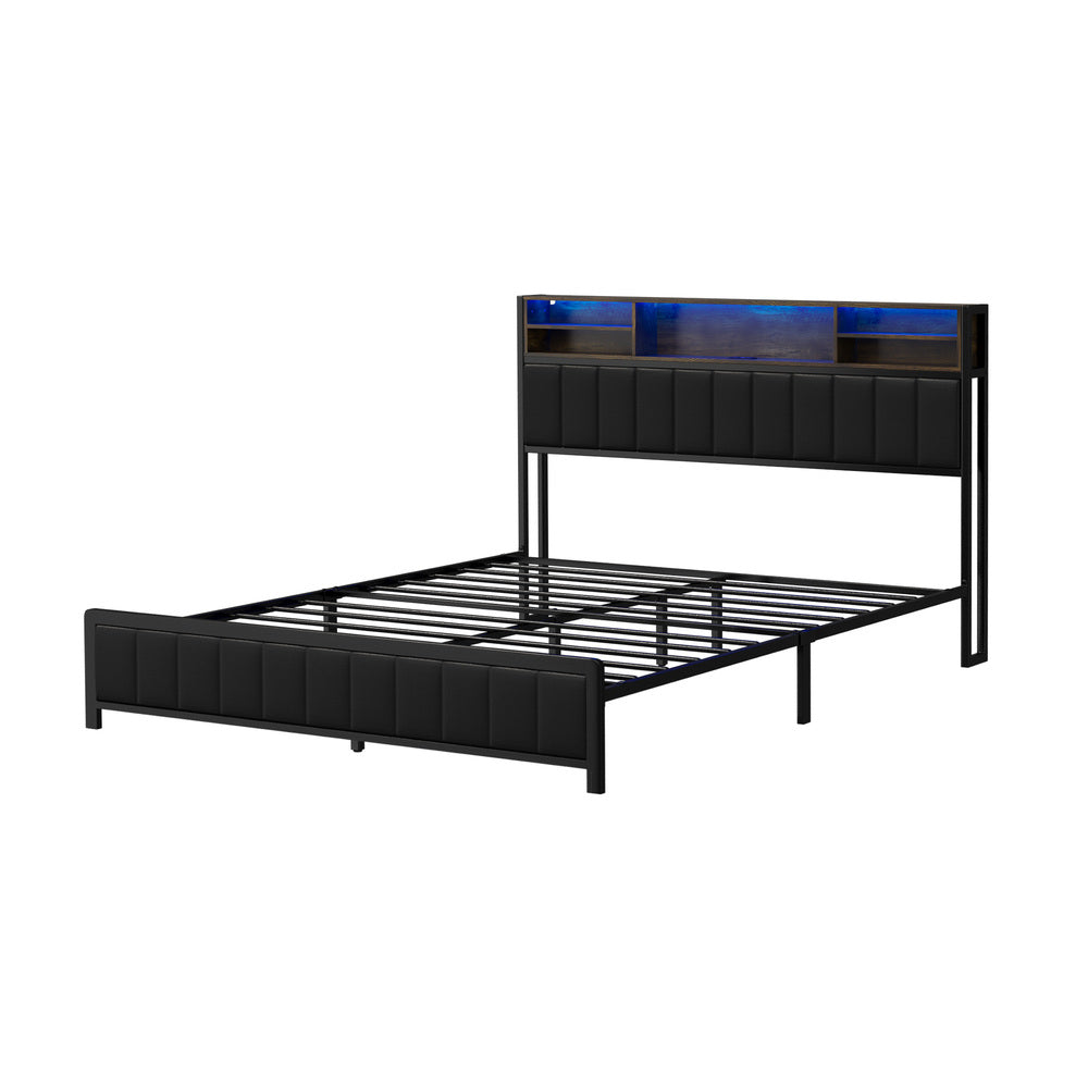 Bed Frame Queen Size LED Storage Bedhead Leather Black