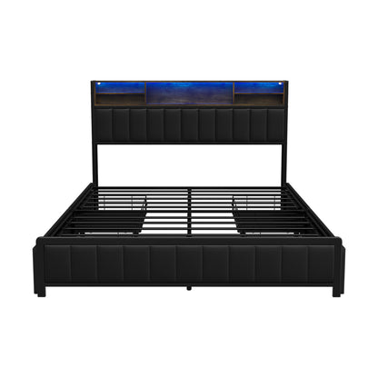 Bed Frame Queen Size LED Storage Bedhead 4 Drawers Leather