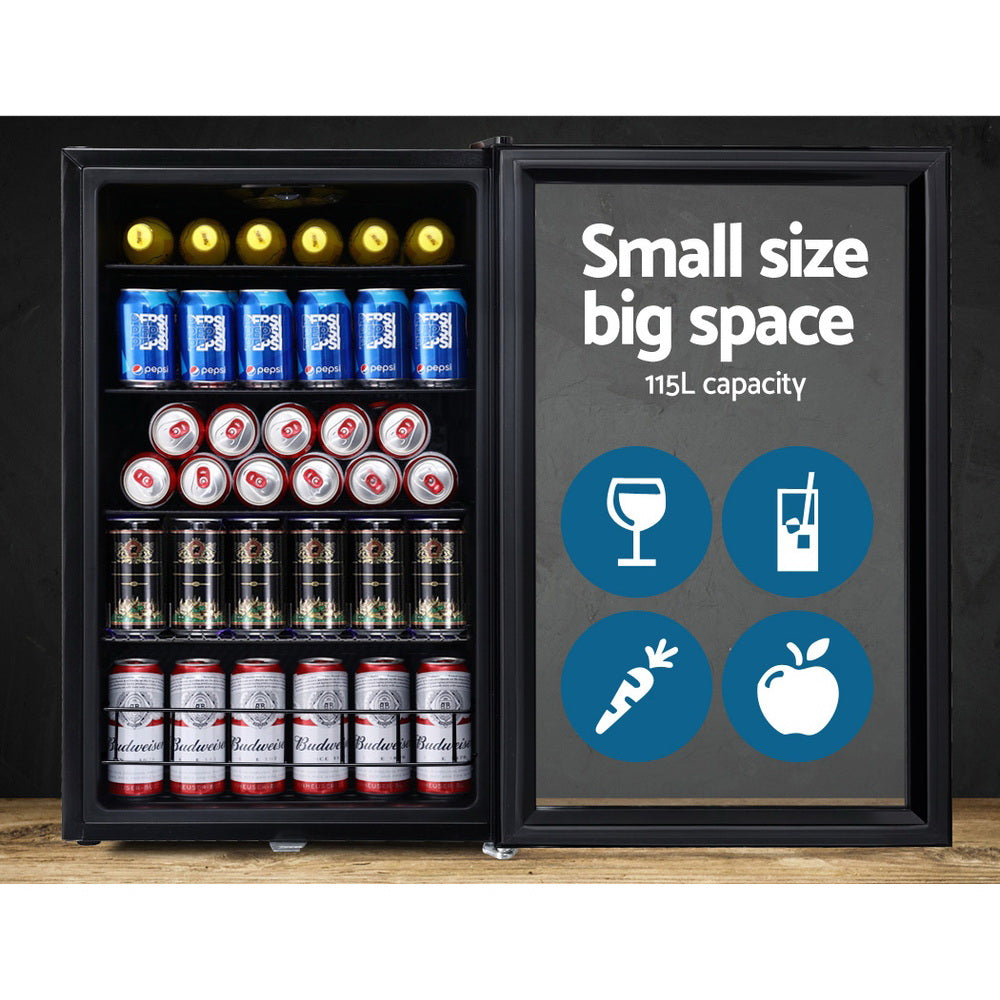 115L Bar Fridge Glass Door W/Light Black