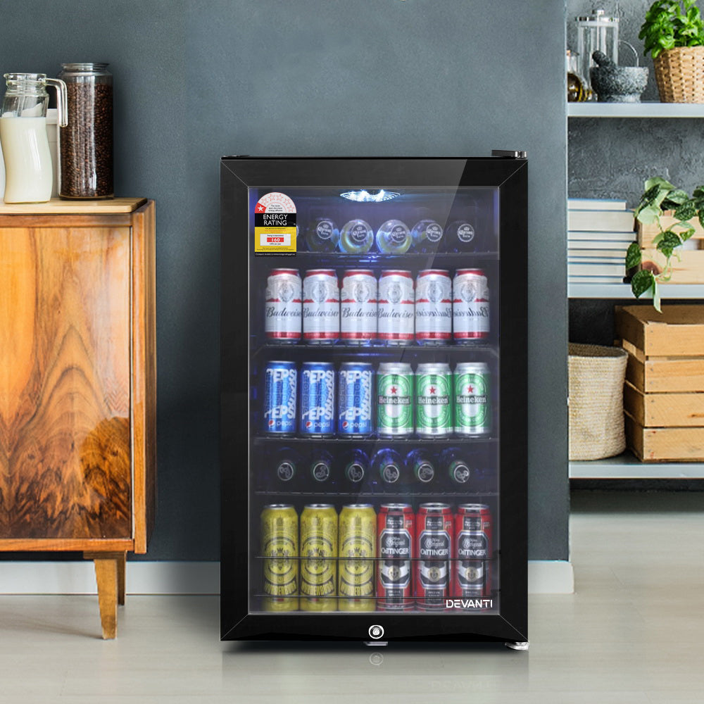 115L Bar Fridge Glass Door W/Light Black