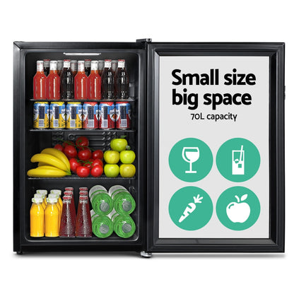 70L Bar Fridge Glass Door W/Light Black