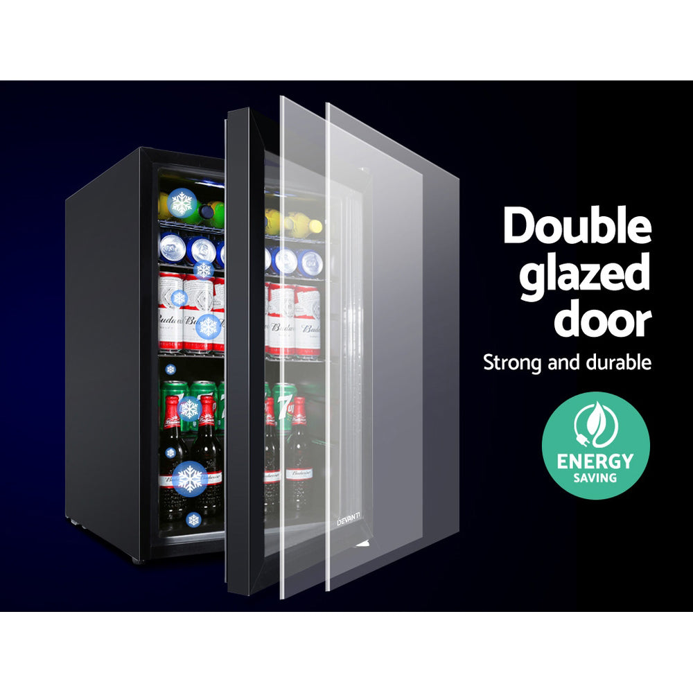 70L Bar Fridge Glass Door W/Light Black