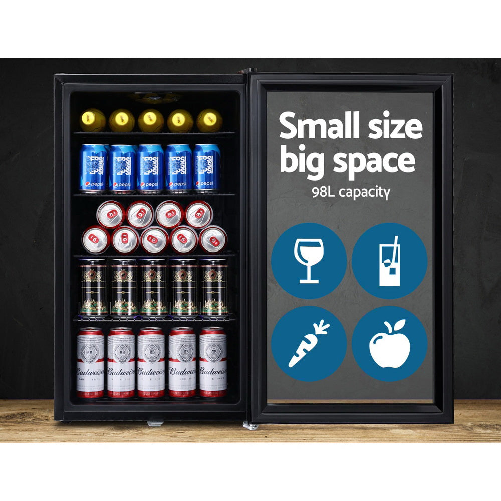 98L Bar Fridge Glass Door W/Light Black