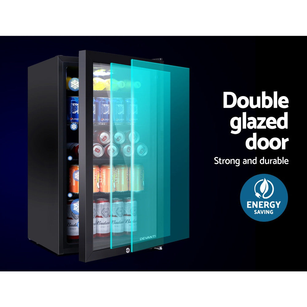 98L Bar Fridge Glass Door W/Light Black