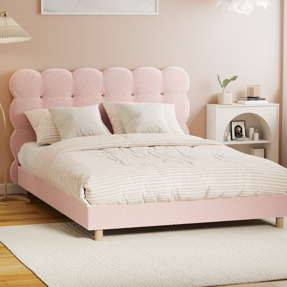 Bed Frame Single Size Tufted Bedhead Boucle Fabric Pink