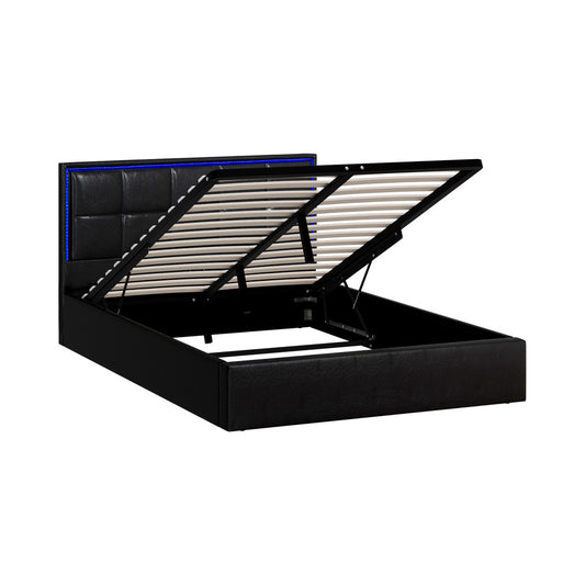 Bed Frame Double King & Single Size RGB LED Gas Lift Storage Base Leather