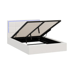 Bed Frame King Single & Double Size RGB LED Gas Lift Storage Base White Boucle